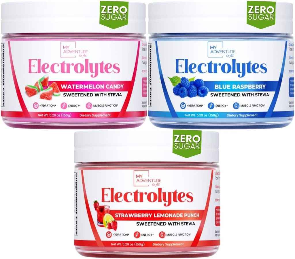 ההרפתקה שלי לטבול אבקת אלקטרוליט עם Zero Sugar, Bundle, Blue Raspberry & Watermelon Candy & Strawberry Lemonadeors