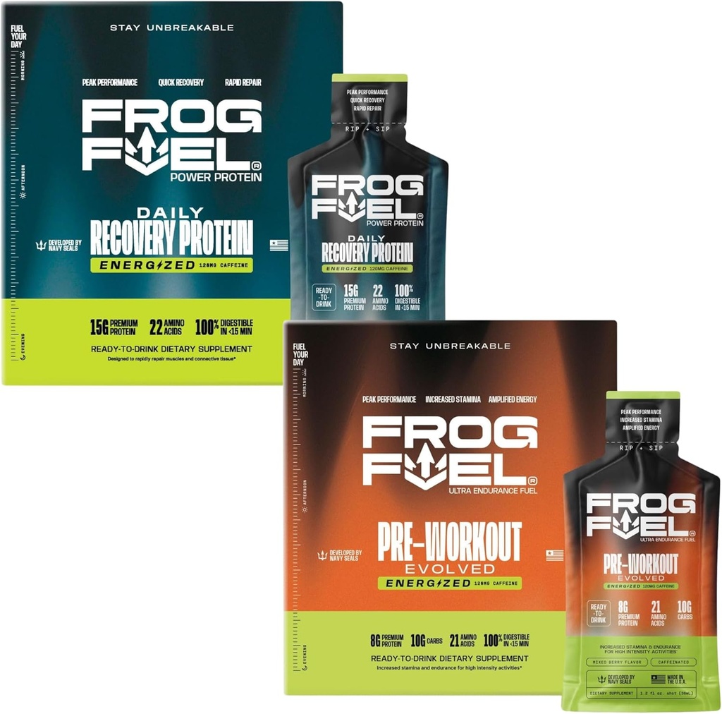 צפרדע כוח אנרגיה חסכוני חלבון ו- Ultra Energyzed Pre Workout Shot Bundle, 1500 מ"ג Beta Alanine, 15g חלבון ננו-Hydrolyzed Grass פד Collagen, Pre & Post Workout, 1.2 oz Packets, 48 Pack Pack Pack Pack