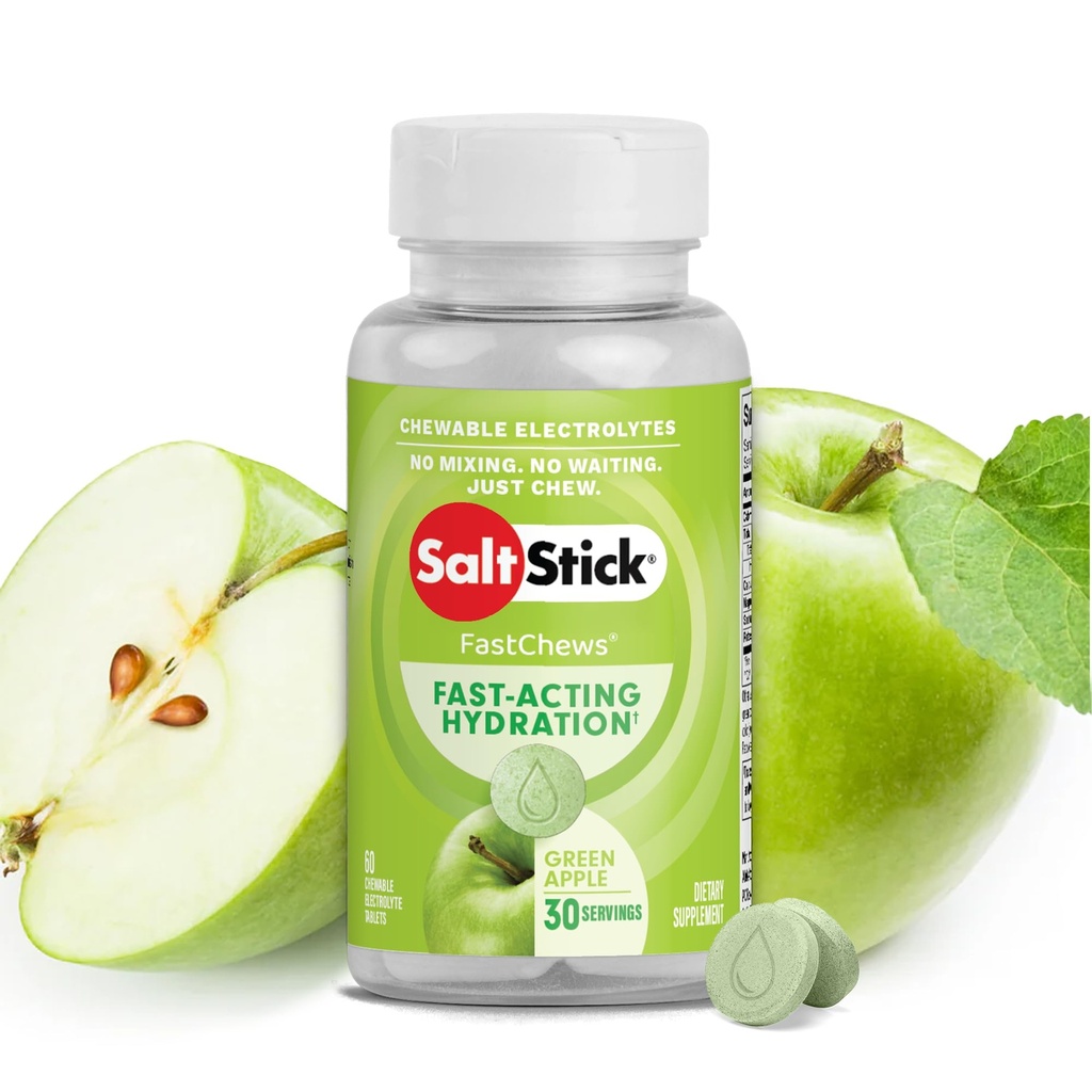 SaltStick Electrolyte FastChews - 60 Green Apple Chewable Electrolytes - טבליות מלח עבור ריצה וhydrtion, Electrolyte Chews - 60 Count