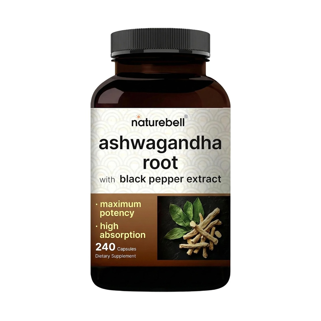 NatureBell Ashwagandha עם Black Pepper, 240 קפסולות | קומפלקס גבוה של Absorption Complex - תוספת של פריחת שורש - תוספי הסתגלות