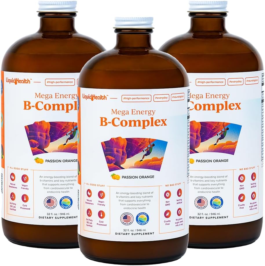 LIQUIDHEALTH Mega Energy Methylated B-Complex, תוסף ויטמין נוזלי למבוגרים - להגביר את האנרגיה, Relieve Stress & Fatigue, Immune Support, Heart & Gut Health - Made in USA, Vegan, Sugar-Free (3 Pack)