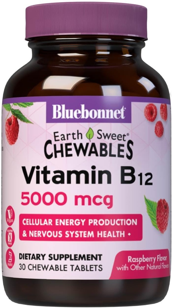 Bluebonnet Nutrition Earth Sweet ויטמין B12 5000 mcg Chewable Tablet, Soy-Free, Gluten-Free, Kosher-Free, Vegan, Raspberry Flavored, 30 טבליות Chewable, 30 משרתים