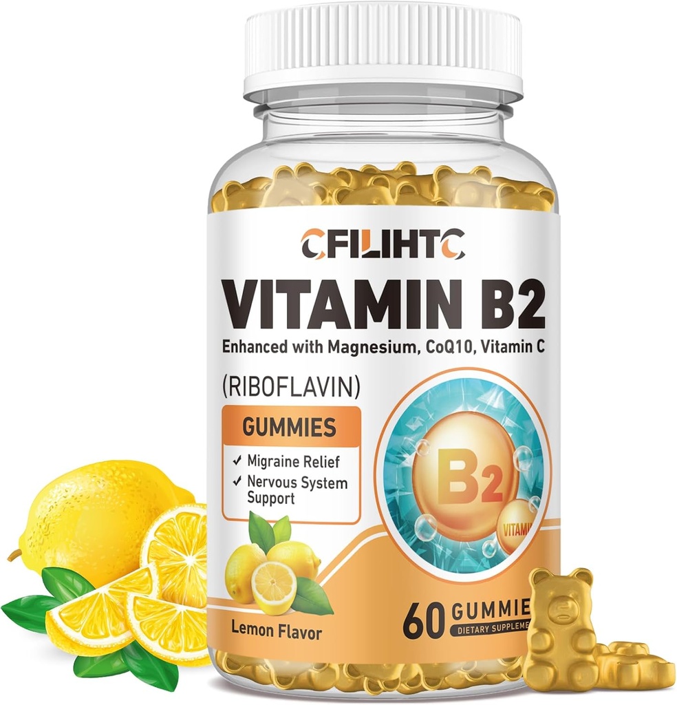 ויטמין B2 Gummies Riboflavin 400 מ"ג תוספת לילדים ומבוגרים - Magnesium Glycinate, Zinc, CoQ10, ויטמין B12 - Migraine Relief & Energy, מערכת העצבים תמיכה, סוכר חינם לימון פלמור, 60ct.