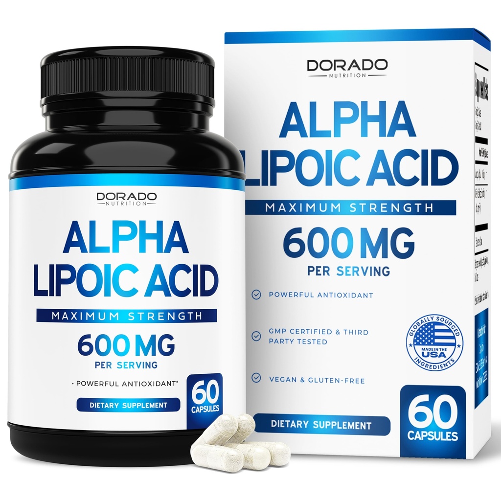 Alpha Lipoic Acid 600 מ"ג ל- 60 קפסולות - Antioxidant for Neuropathy ו- Cardiovascular Health (ALA תוסף) - צד שלישי נבדק, non-GMO, Gluten Free, טבעוני & USA Made Made Made
