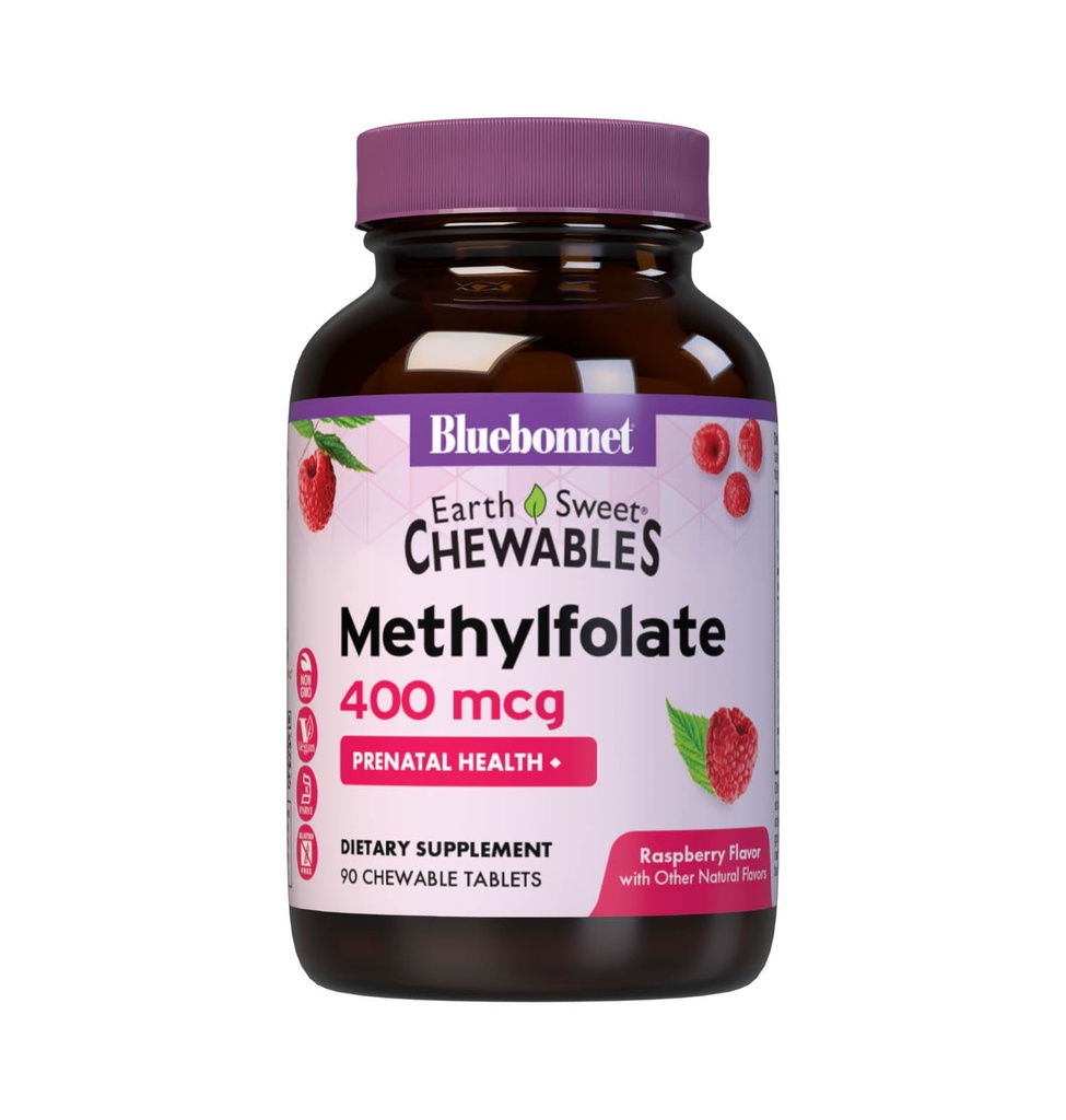 Bluebonnet Earth Sweet Methylfolate 400 mcg תאים Active Coenzyme 5-MTHF L Methyl Folate תוסף - Prenatal & אנרגיה תמיכה * - Non-GMO, טבעוני, Gluten-Free - Raspberry - 90 טבליות Chewable טבליות
