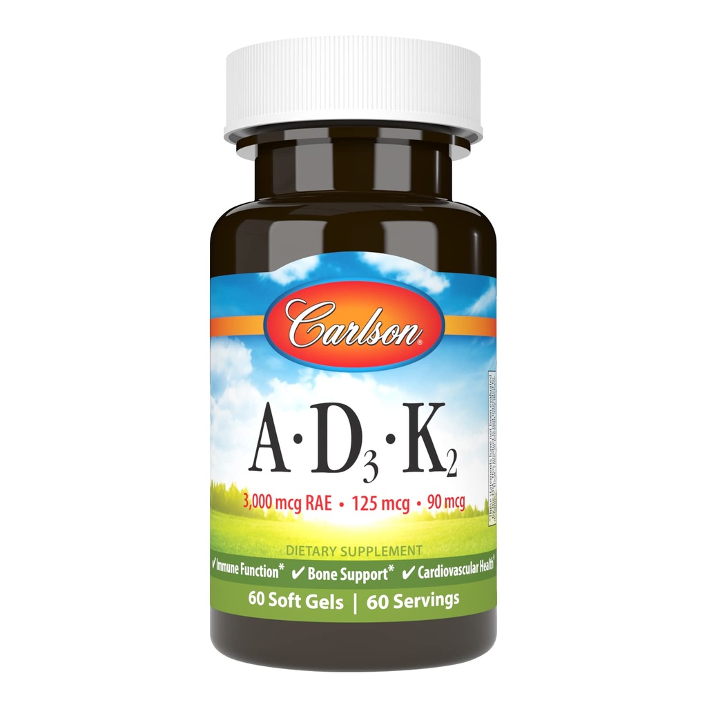 קרלסון - ויטמין A, D3, K2, 3000 mcg RAE ויטמין A, 125 mcg ויטמין D3, 90 mcg ויטמין K2 כ MK-7, בניין העצם, Calcium Utilization, 60 גלים Soft Gels