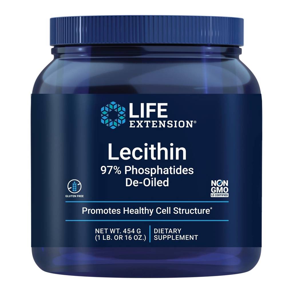 Life Extension Lecithin, מקדם מבנה תאים בריאים ותפקוד המוח, Gluten Free, non-GMO, Vegetarian, 454 גרמים