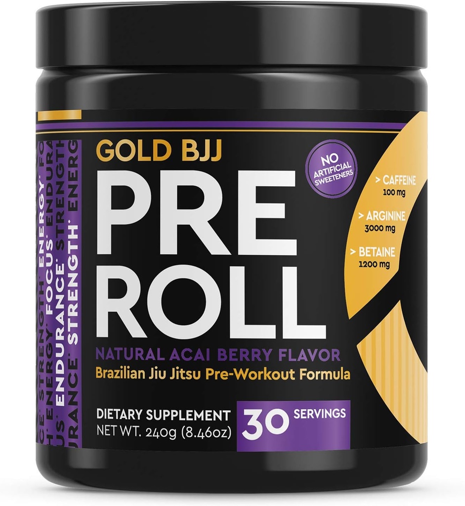 זהב BJJ PreRoll - ג'יו ג'יטסו Pre Workout תוסף עבור אנרגיה, פוקוס ו- Endurance - Martial Arts Specific Pre-Workout אבקת פורמולה עם פלאבים טבעיים (Acai Berry, 30 משרתים)