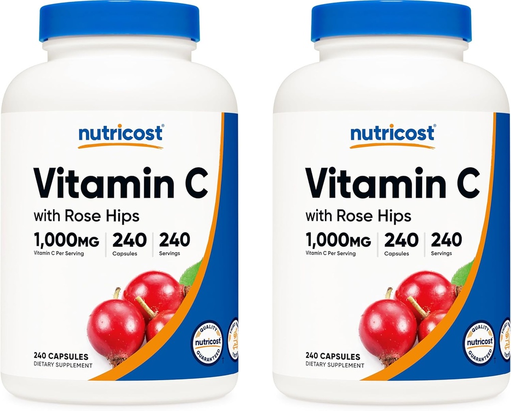ויטמין C עם Rose HIPS 1025 מ"ג, 240 קפסולות (2 בקבוקים) - Premium Non-GMO, Gluten Free ויטמין C תוסף