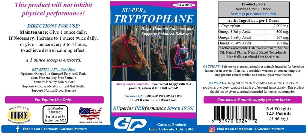 SU-PERptophane Horse Calming תוסף - לשמור על Calmness ותמיכה התנהגות מאוזנת - 12.5 פאונד, 6 חודשים אספקה