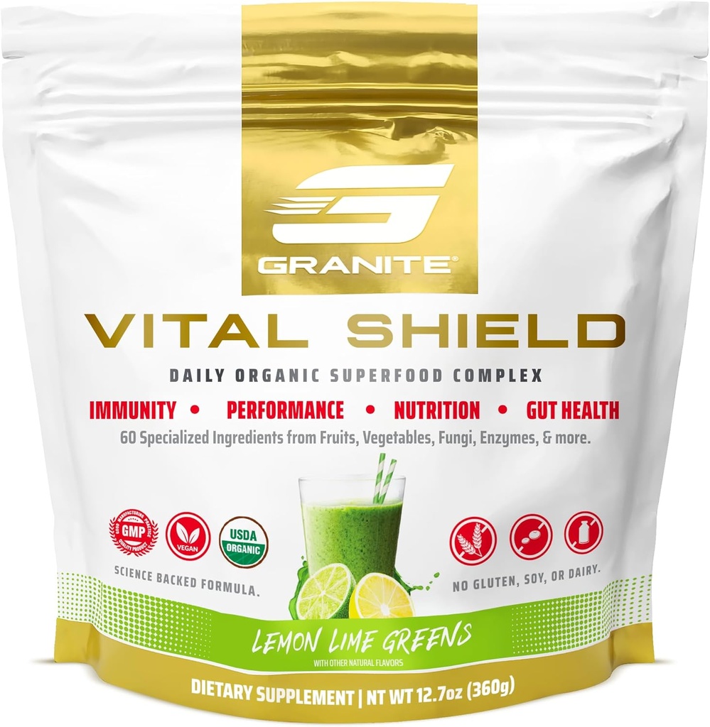 Granite Nutrition Vital Shield - USDA אורגני Superfood ירוק עם Mushrooms & Tart Cherry - תומך אנרגיה, Immune Function & Digestive בריאות - לימון Lime Flavor (30 משרתים)