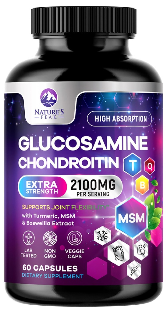 Glucosamine Chondroitin MSM תוספת 2100 מ"ג - עם Glucosamine Sulfate, Turmeric, Boswellia, Quercetin & Bromelain - הכוח הנוסף של הטבע גמישות, ניידות ותמיכה משותפת, 60 קפסולות.