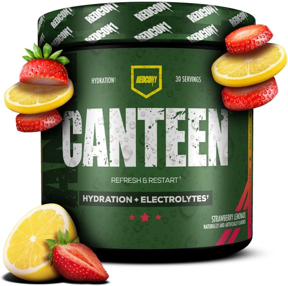 REDCON1 Canteen hydrotion + Electrolytes, Strawberry Lemonade - אבקת שתייה אלקטרוליטית עם ויטמין B + מינרלים לשיקום - אבקת מים קוקוס & Hyaluronic Acid עבור הידרציה (30 משרתים)