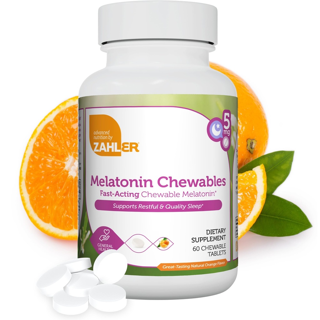 Zahler Melatonin 5 מ"ג טבליות - Fast-Acting Chewable Melatonin 5 מ"ג טבליות - טעים כתום פלאפור - תמיכה מנוחה ואיכות שינה - כשרות non GMO מיוצר ב תוספי תזונה בארה"ב, 60 הרוזן