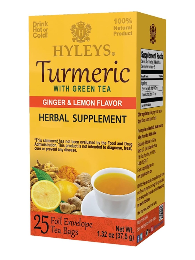 Hyleys ג'ינג'ר Turmeric Tea Lemon Flavor - 25 Tea Bags (12 Pack - 300 Tea Bags Total)