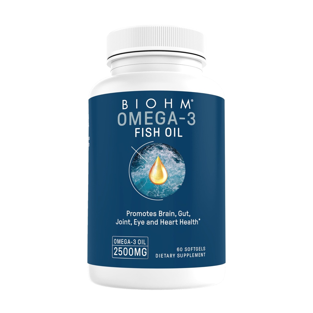 BIOHM אומגה 3 שמן (2500 מ"ג, 60 Softgels) High Potency 860 מ"ג EPA & 630 מ"ג DHA, אומגה 3 Fatty Acid תוספת לתמיכה במוח, משותף, עין, Live & Gut בריאות, בשפע Sourceedly Sourceded.