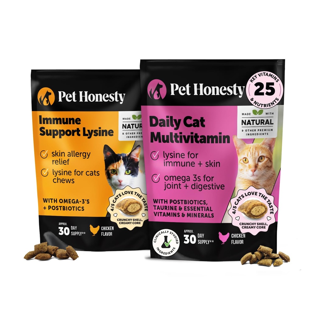 Cat Multivitamins + Immune Support Lysine Dual Texture Chew תוסף Bundle - תמיכה בסך הכל Immune Health, Joints, Skin & Coat, and Cat Allergy Relief - Sneezing, Runny Nose