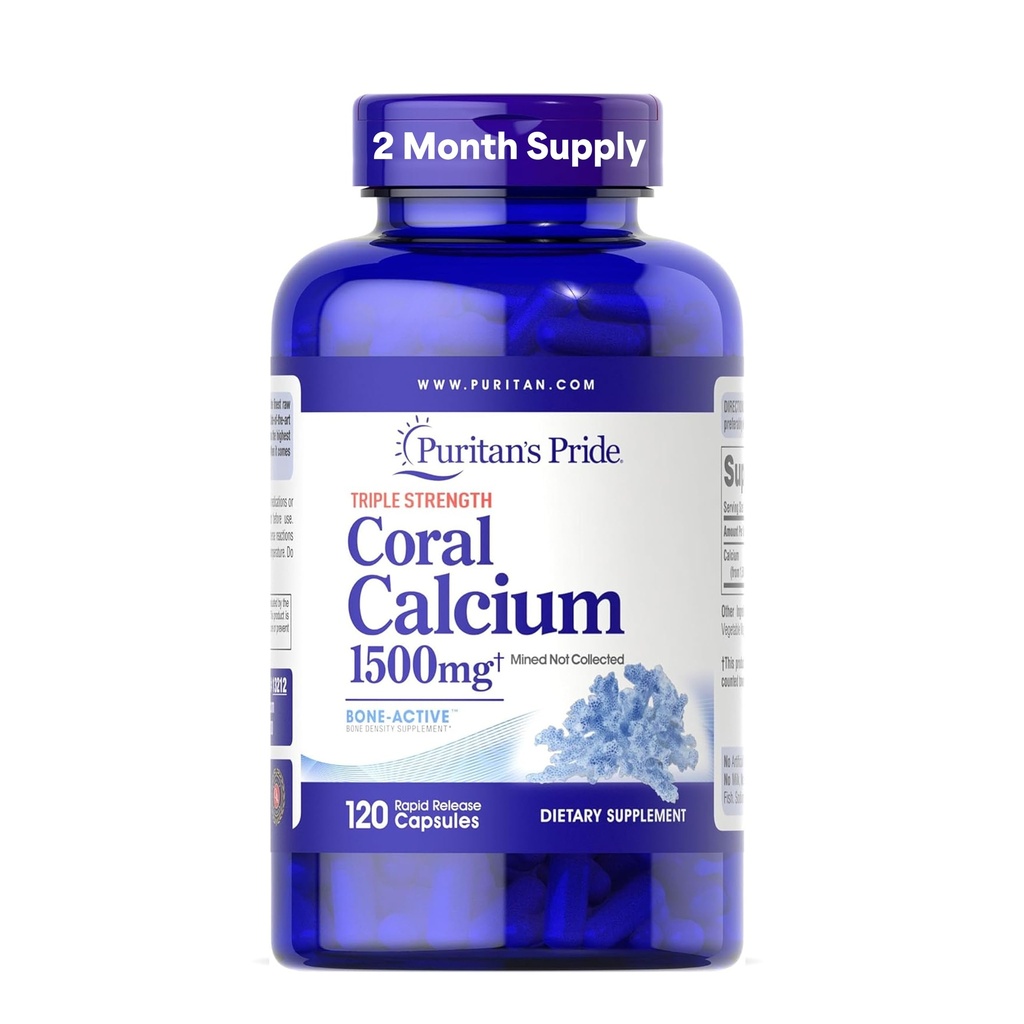 כוח משולש הגאווה של Puritan אלמוג Calcium 1500 מ"ג עם Bone-ActiveTM, Dietary Supplement for Heart, Nerve, ותמיכה שרירים, 2 חודשים אספקה, 120 קפסולות שחרור מהיר