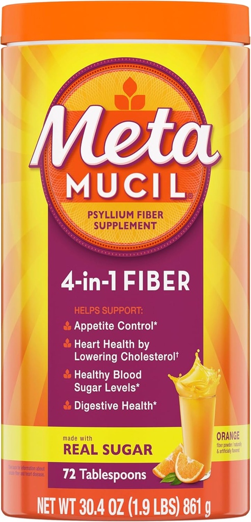 Metamucil 4in-1 Psyllium Husk סיבים תוסף, Real Sugar, 72 טבלאות, כתום פלאפורד, אבקת סיבים יומית לבריאות העיכול, שנעשו עם Psyllium Husk סיבים