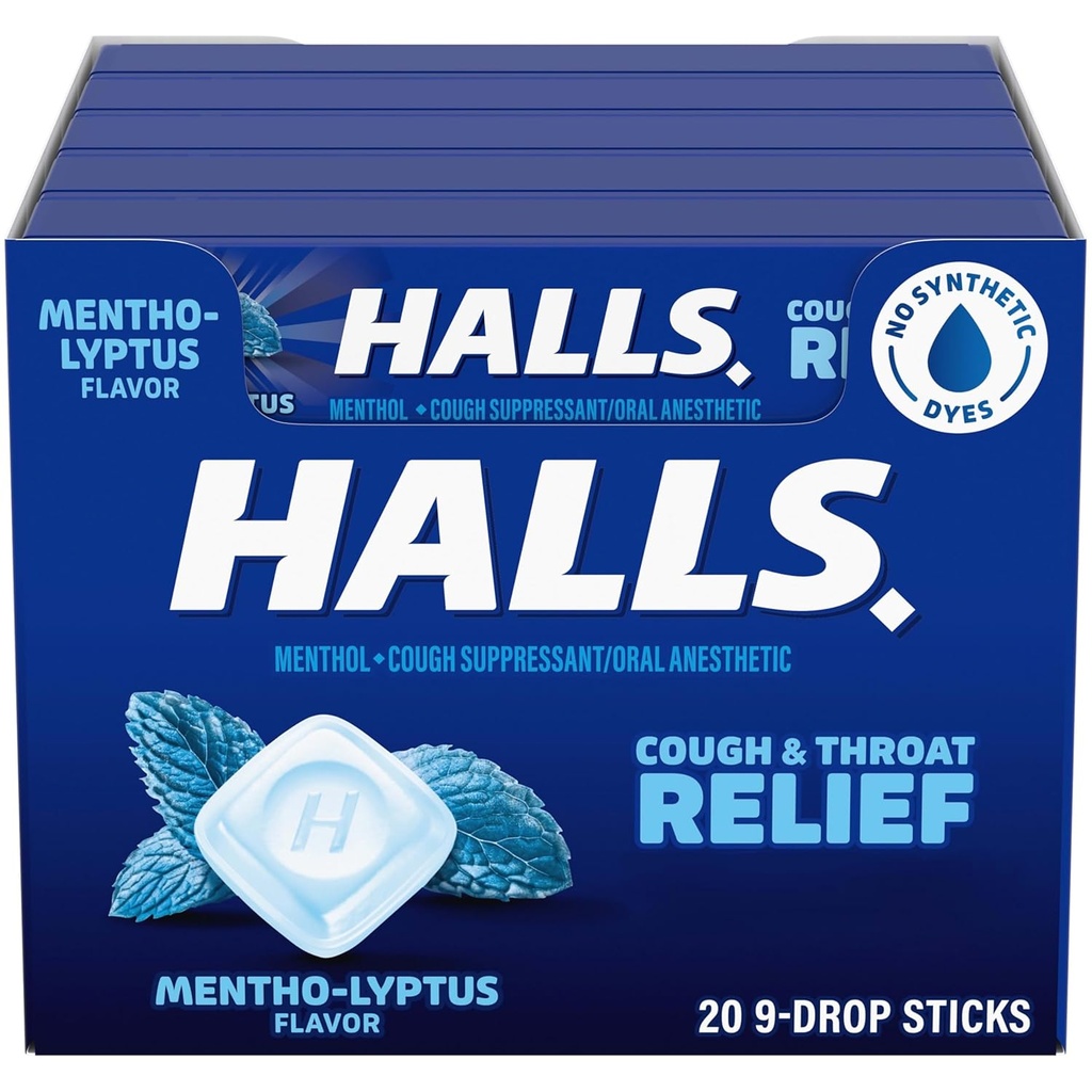 HALLS Cough and Table Mentho-Lyptus Cough Drops, 20 מקלות של 9 (180 טיפות מוחלטות)