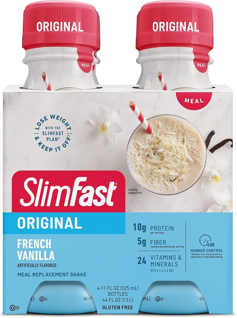 SlimFast Meal החלפת Shake, Vanilla הצרפתי המקורי, 10g של מוכן לשתות חלבון לירידה במשקל, 11 Fl. Oz בקבוק, 4 Count (Packaging May Vary)