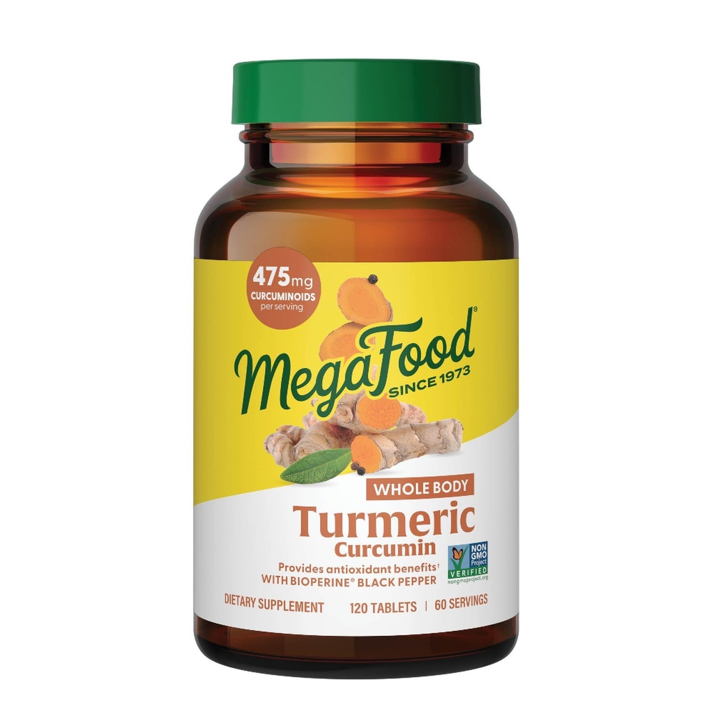 Mega Foods Whole Body Turmeric Curcumin תוסף - תוסף Turmeric עם Black Pepper & ויטמין C - 475 מ"ג Curcuminoids Per משרת - Antioxidant & Immune Support - טבעוני - 120 טבליות, 60 משרתים