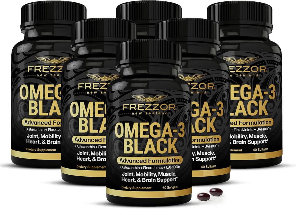 FREZZOR אומגה 3 Black for Joint Care & Comfort - ניו זילנד גרין ליפט מזחלות שמן Mussel; 53x גבוה יותר עם UAF1000+ Super Antioxidant, No Fishy Aftertaste, 450 מ"ג, 6-Pack, 360 Softgels