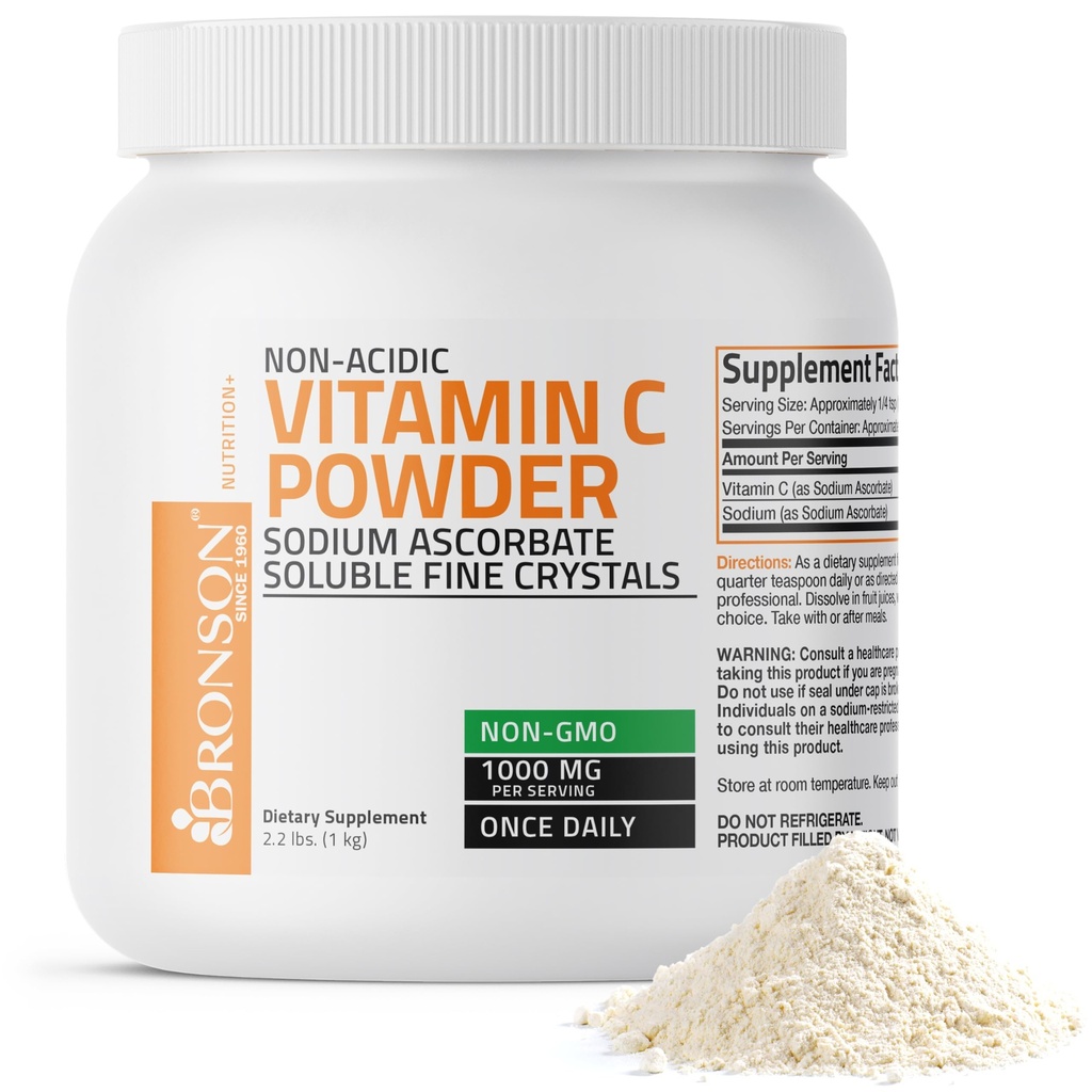 Bronson Non Acidic ויטמין C אבקת Sodium Ascorbate non GMO Soluble Crystals - מערכת חיסונית בריאה, Antioxidant and Cell Protection, 1 קילגרם (2.2 lbs, 35.3 Ounces)