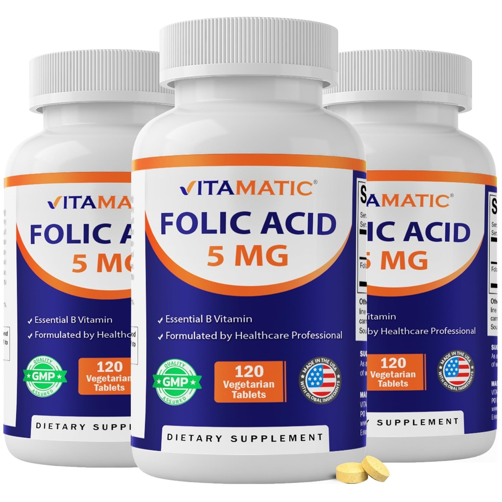 Vitamatic Folic Acid 5mg (5000 mcg) - 120 טבליות צמחוניות לבקבוק - ויטמין B9 (Folate) - 3Pack | Total 360 Tablet