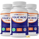 Vitamatic Folic Acid 5mg (5000 mcg) - 120 טבליות צמחוניות לבקבוק - ויטמין B9 (Folate) - 3Pack | Total 360 Tablet