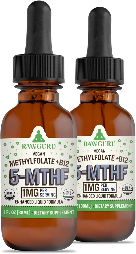 RawGuru Methylfolate 1mg+ ויטמין B12 - אורגני Methylated B12 עם Trace מינרלים - Nano-Processed & Enhanced נוזל פורמולה - 300 משרתים של טיפות טבעוניות ל -30 מ"ל, Pack של 2 2