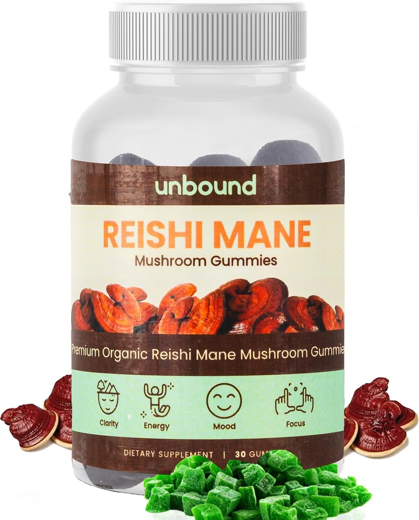 Unbound Reishi Mushroom Gummies תוספת לתמיכה ב- Immune - 60 חניכיים