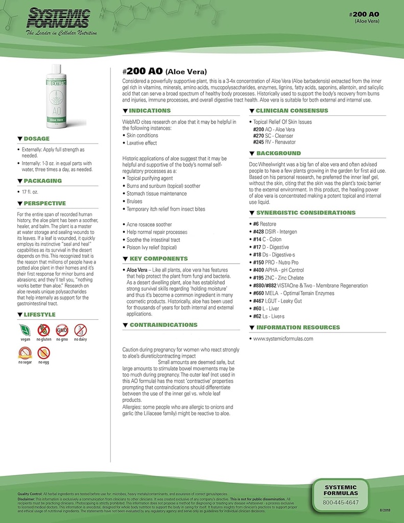 פורמולות מערכתיות AO - Aloe Vera 16 Fl Oz BioExtract #200. 3-4x ריכוז של Aloe Vera לחלץ מ- Inner Gel Rich.