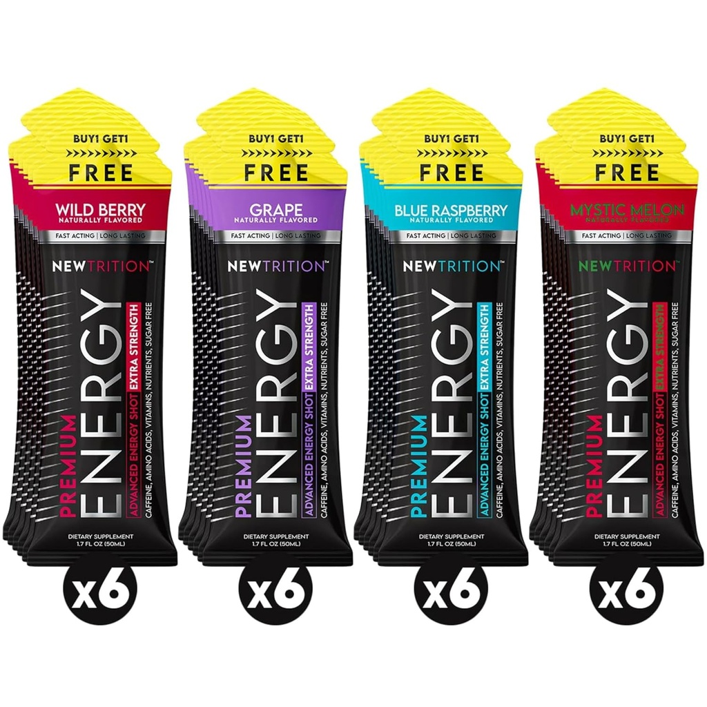 NewTrition® תוספת אנרגיה מטילה על 1.7 oz (Pack of 24, 4 Flavors) - 250 מ"ג קפאין עם ויטמין B ו Amino Acids, סוכר חינם Zero Calorie Energy Drink for Focus & Endurance (Mixed-1)