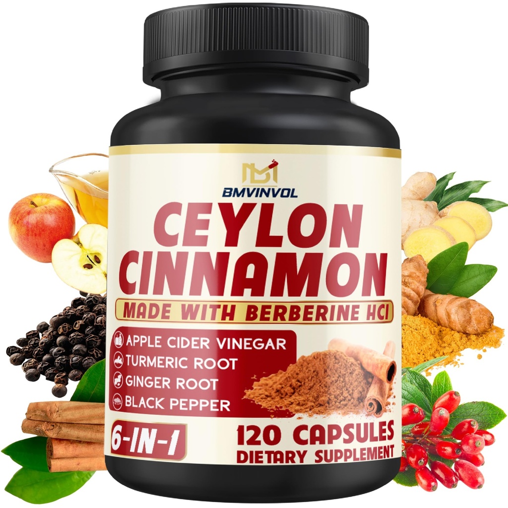Ceylon Cinnamon כמוסות עם Berberine HCl, Apple Cider Vinegar, Turmeric, גינזנג, Black Pepper - 6in1 לתמיכה בתפקוד Immune - 120 Count