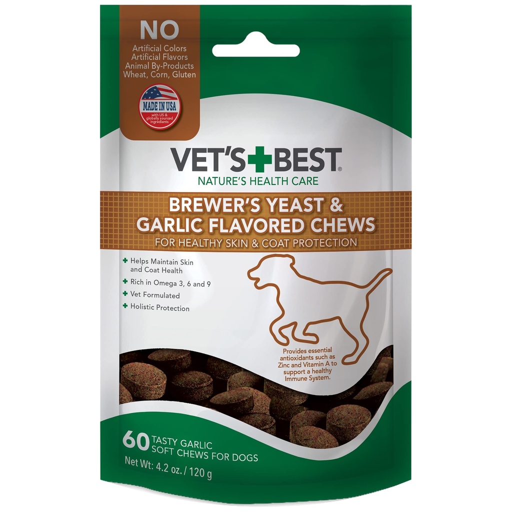 Vet's Best Brewer's Yeast & Garlic Chews, אומגה 3 עבור כלבים בריאים עור וכובע הגנה לכלבים, כלב פורמולה עם תוספת מומלצת וטרינרית, Garlics, 60 ct