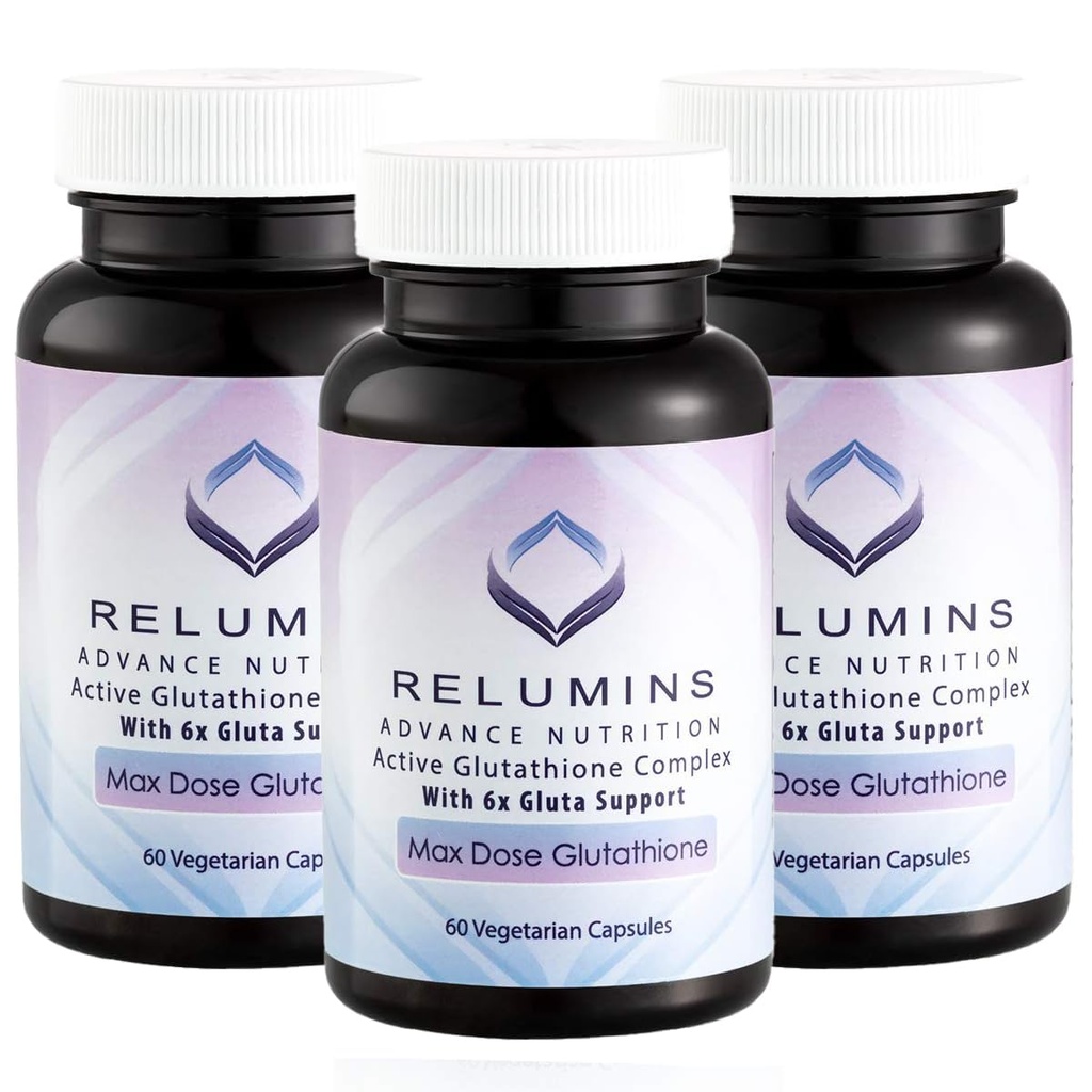 Relumins Advance White Active Glutathione Complex - Max Dose 900 Glutathione with 6X Boosters, ALA & NAC - Anti-Aging Skin Brighting - 60 Caps X 3 בקבוקי בקבוק