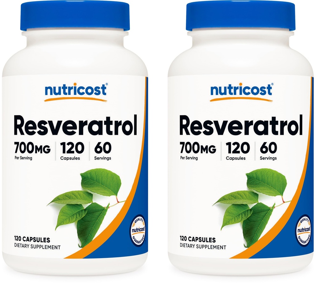 חומרים מזינים Resveratrol 700 מ"ג; 120 קפסולות ירקות - 50% Trans-Resveratrol (2 בקבוקים)