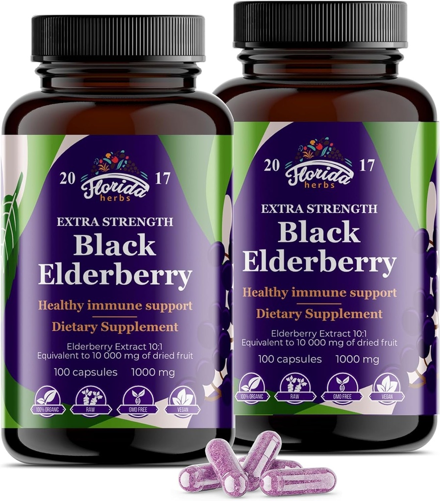 Black Elderberry קפסולות | 200 Count - 10,000 מ"ג | Sambucus Elderberry ויטמינים, non-GMO, Gluten Free, Organic Elderberry לחלץ Sambucus Nigra - 200 קפסולות טבעוניות - Pack of 2