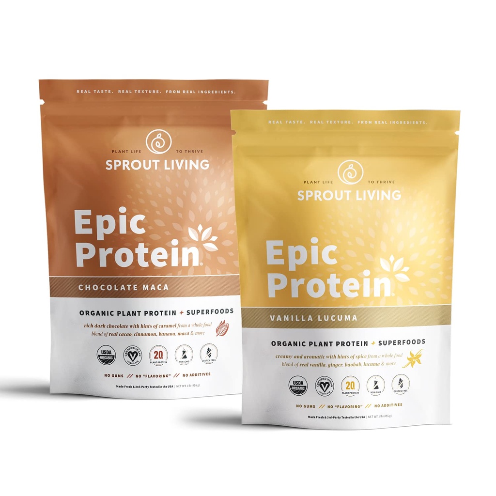 Sprout Living Epic Protein Bundle - Chocolate Maca & Vanilla Lucuma (20g Organic Plant-Based Protein Powder, Vegan, Gluten Free, Superfoods) | 1lb, 12 Servings