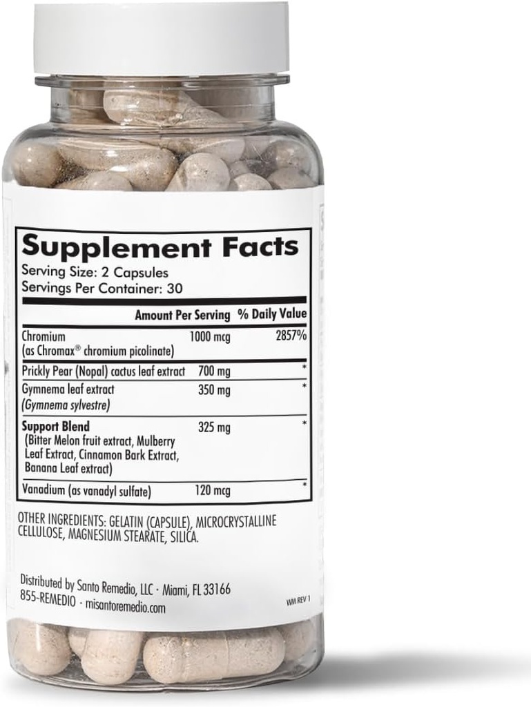 הפורמולה הבלעדית של סנטו רימדיו עם Nopal, Chromium Picolinate (Chromax), גורמאר (Gymnema Silvestre), ו Vanadyl Sulfate. 60 קפסולות (30 משרתים)