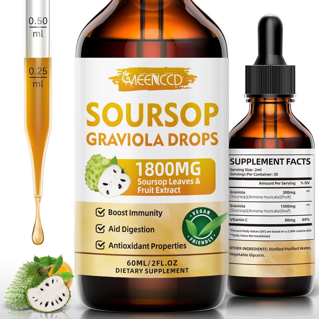 Soursop Graviola נוזל טיפות 1800 מ"ג, Natural Antioxidant, תמיכת תאים והתחדשות, Immune Boost, Soursop Bitters, Sugar-Free, non-GMO, כתום פלאמור, 2 FL OZ
