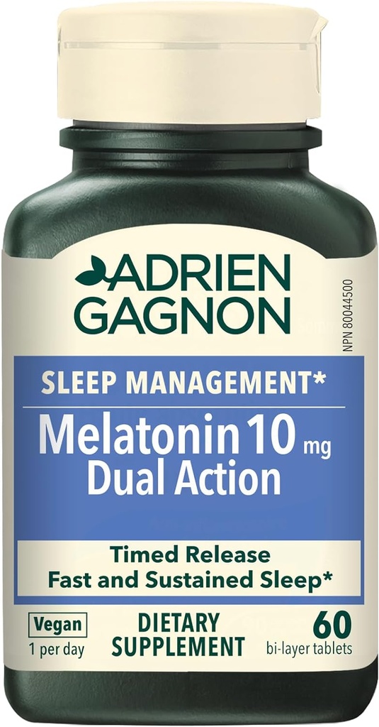 Adrien Gagnon - Melatonin 10mg, Dual Action Time לשחרר מלטונין לשינה עמוקה, סיועי שינה טבעיים למבוגרים תוספת כוח, 60 טבליות מלטונין Fast Dissolve