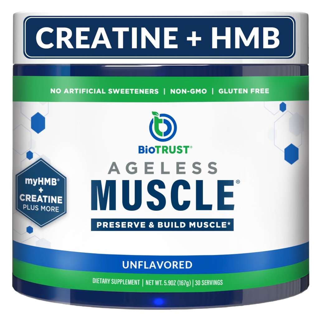 BioTrust Ageless שריר בונה - אבקת Creatine HMB עם ויטמין D3 & Betaine - Build & Preserve Declining Natural Mass & Power - Unflavored, 30 משרתים
