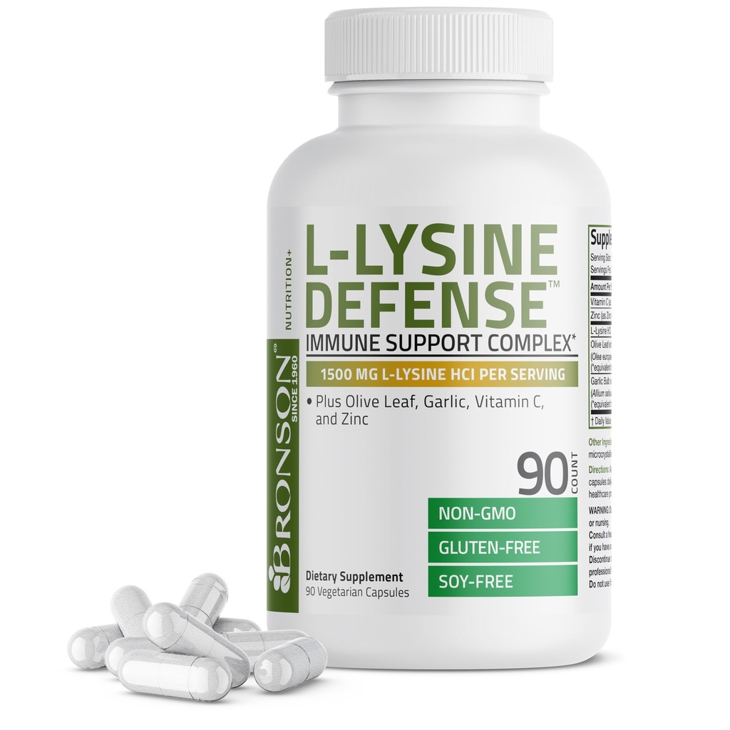 Bronson L-Lysine Defense Immune Complex 1500 MG L-Lysine Plus Olive Leaf, Garlic, ויטמין C ו- Zinc - Non-GMO, 90 קפסולות צמחוניות