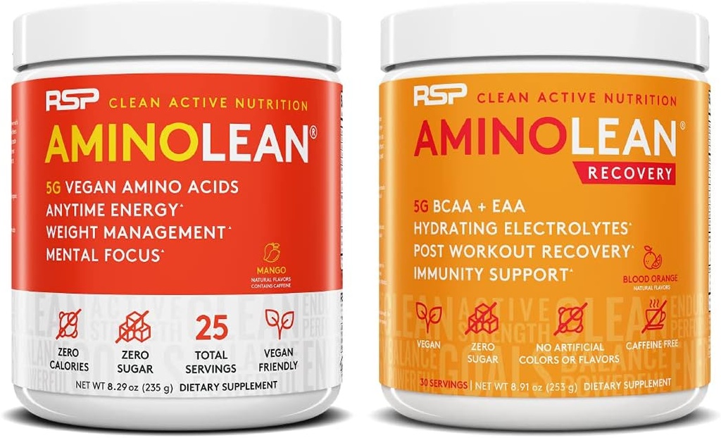 RSP NUTRITION Vegan AminoLean Pre Workout אנרגיה (Mango 25 משרתים) עם AminoLean Recovery Post Workout Boost (דם כתום 30 משרתות)