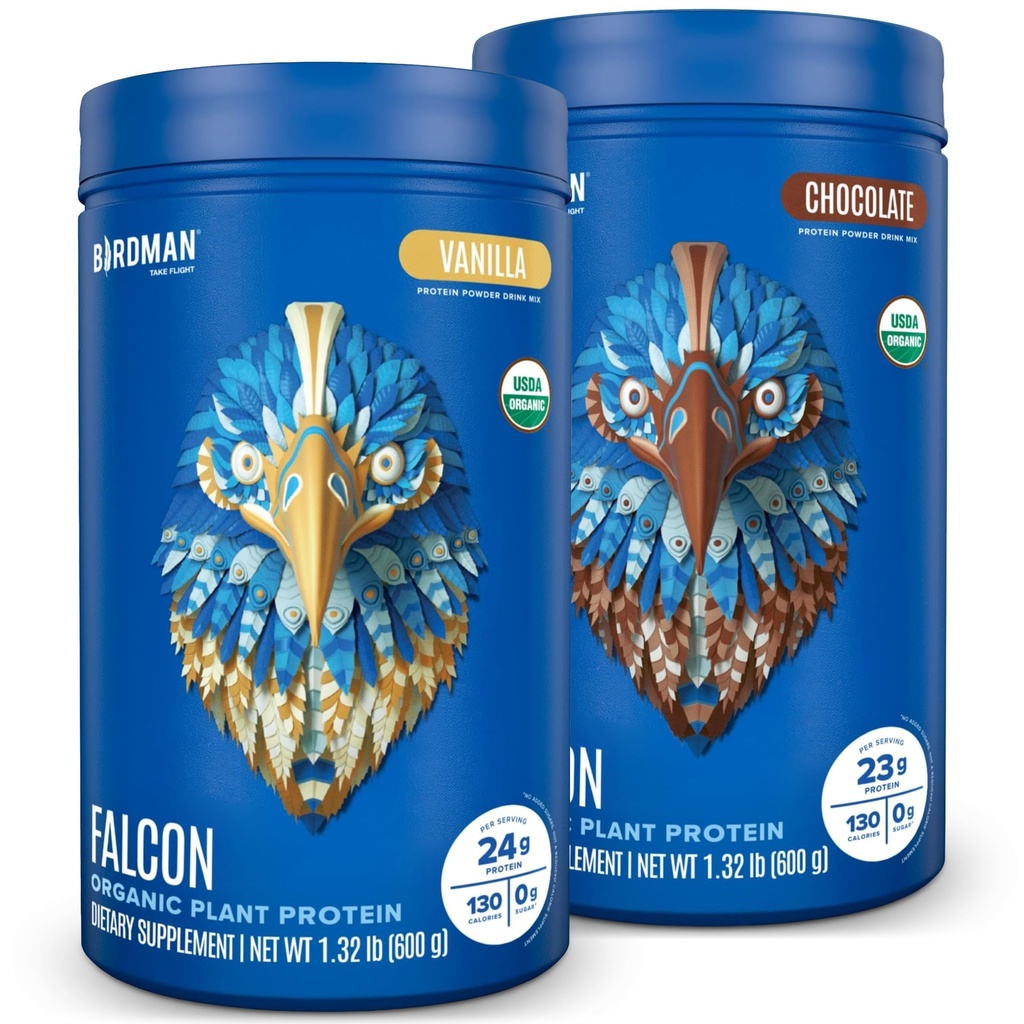BIRDMAN Falcon Vegan Protein Powder Organic, Stevia & Sugar Free, Plant Based, Low Carb, Dairy Free, Keto, Non Whey, Probiotic, Pea Protein | Combo Pack: Vanilla & Chocolate Flavors - 20 Servings Each