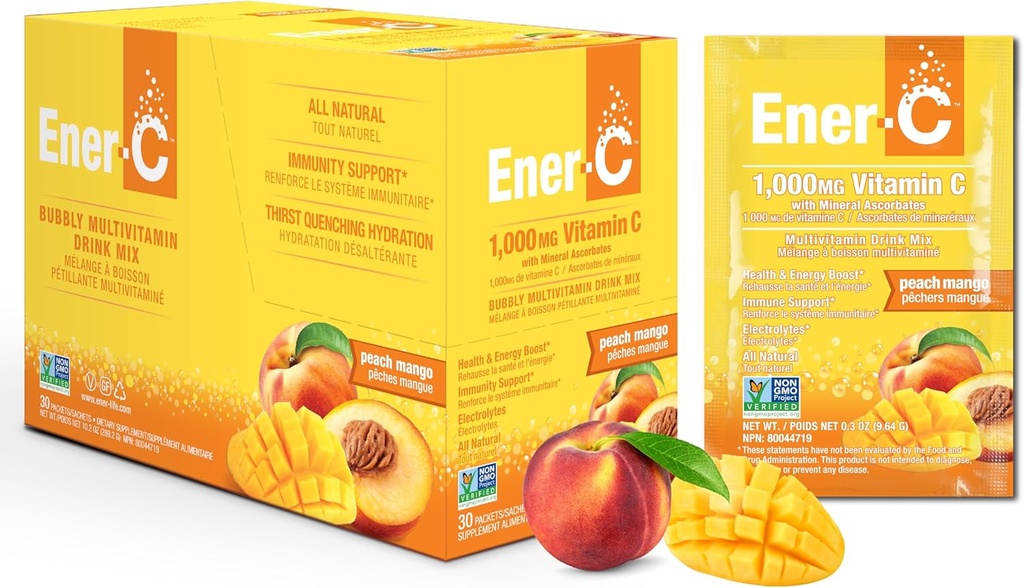 Ener-C Peach מנגו Multivitamin לשתות אבקת לערבב ויטמין C 1000 מ"ג ואלקטרוליטים עם אנרגיה טבעית מיץ פירות אמיתיים & Immune תמיכה לנשים & גברים - Non-GMO טבעוני & Gluten חינם - הרוזן 30