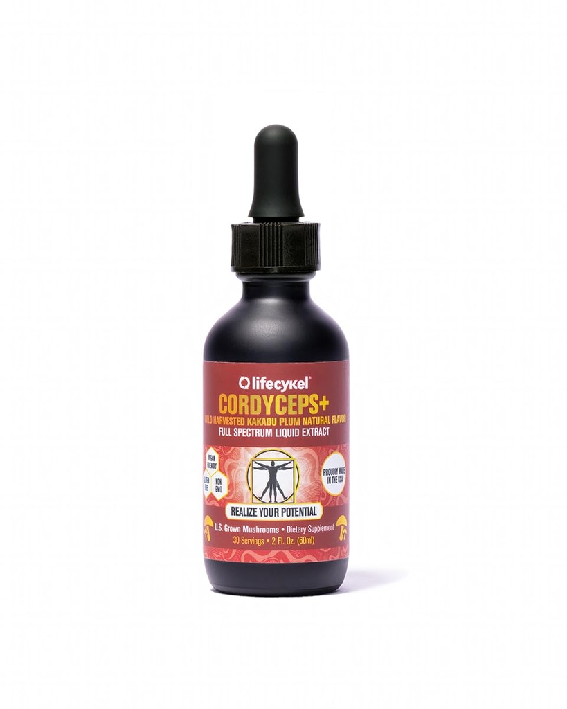 Lifecykel Cordyceps Mushroom לחלץ w/Kakadu Plum- Natural Energy תוסף עבור Fatigue & Sta- Mycelium ויטמין C Antioxidants non-GMO אורגני Mushrooms Made בארה"ב, 2 Fl oz (Packaging May Vary)