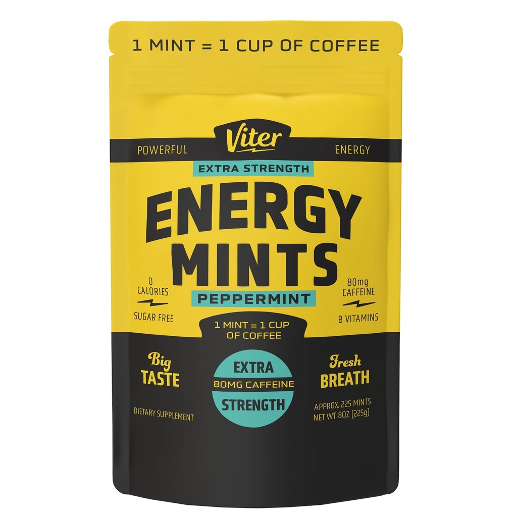 Viter Energy Extra Power Caffeinated Mints 80mg Caffeine, B ויטמינים, סוכר חינם (Peppermint, 8oz, Bulk Bag)